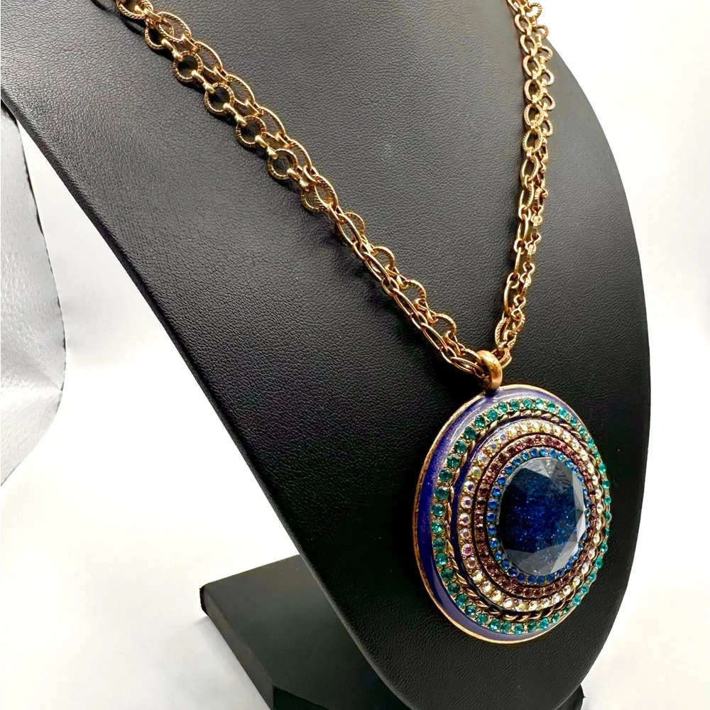 14-18" Chico's Blue Rhinestone Pendant Bullseye Western Chain Necklace - Picture 3 of 7